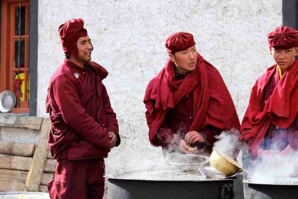 Lamas at the Kitchen area of Hemis Monastery where free food is served to all. Picture taken in Feb
