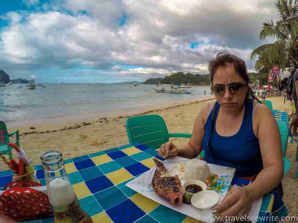 The expression clearly shows how much she's enjoying her meal but Traveling Mathematicians never waste foo